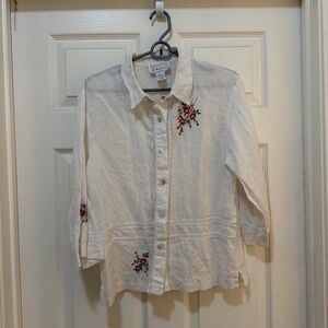 Vintage Jordan 100% Linen Embroidered Floral Blouse – Size L Romantic Boho!